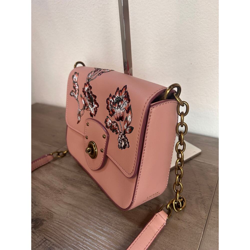 Ralph Lauren Millbrook Chain Crossbody Purse Rose Bloom Pink Floral Leather - Picture 2 of 4